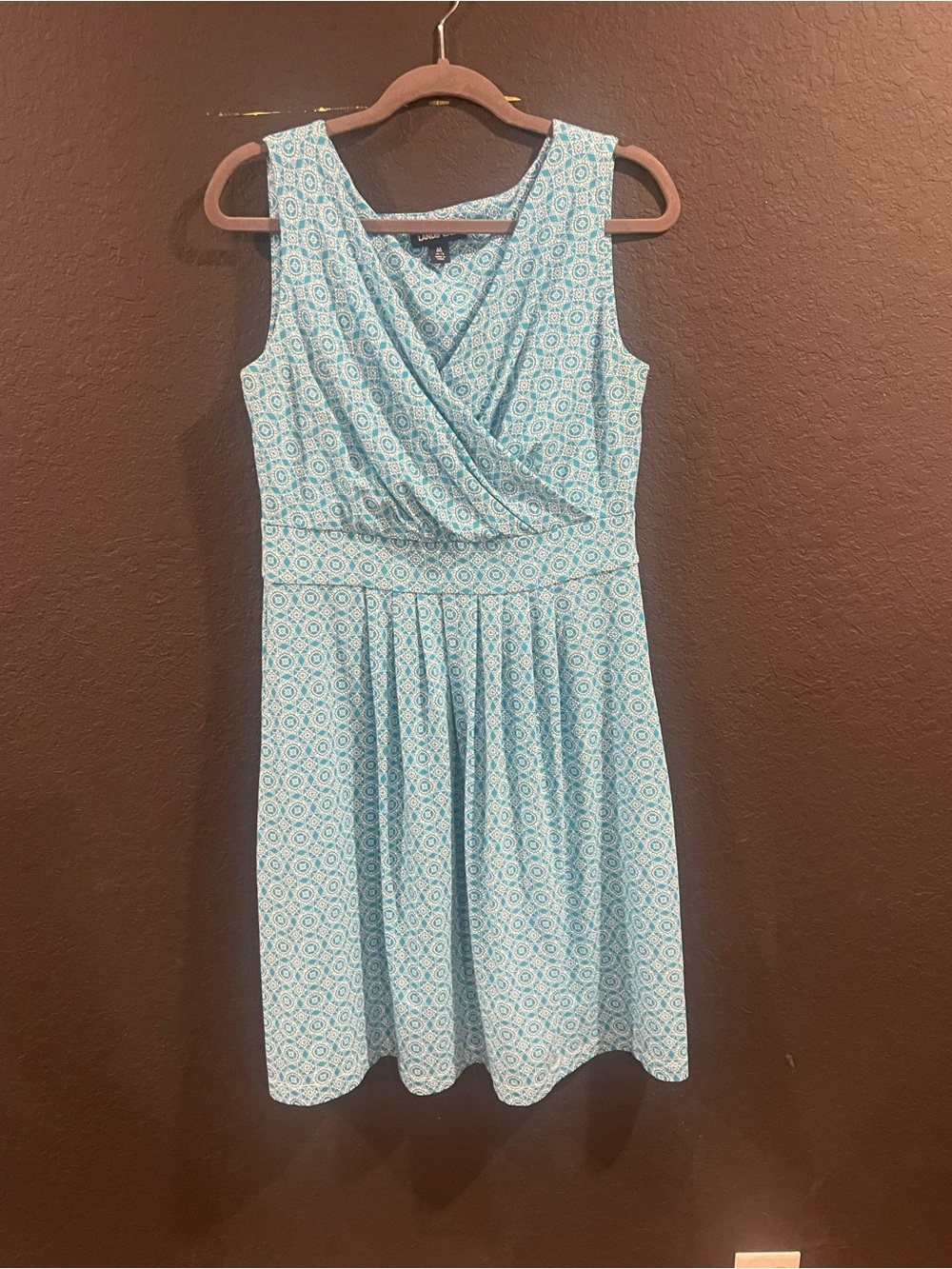 Lands' End Aqua Printed Sleeveless Faux-Wrap Midi Dress